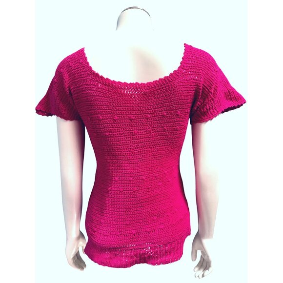 CCC Handmade Fuchsia Pink Crochet Knit Short Sleeve Sweater Size Medium - Picture 3 of 5